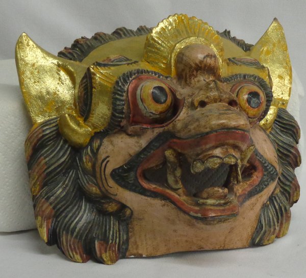 1970s Indonesian Hand Carved Lion Wooden Mask: 1970s Indonesian Hand Carved Lion Wooden Mask, measures 9.5''W x 8''L x 6''H, ''Bali, Indonesia wood carved mask, purchased in Bali by consignor in the '70s