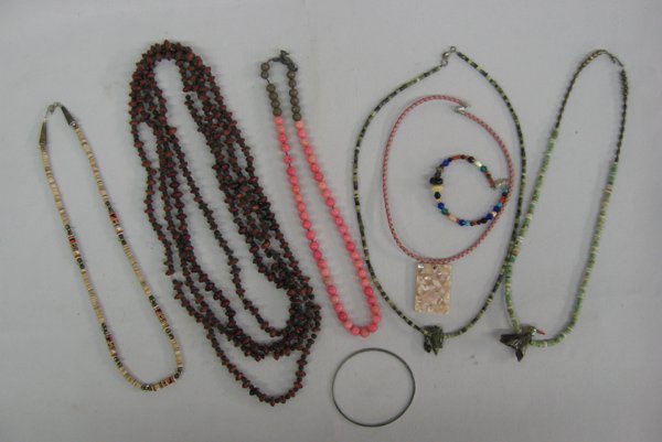 Collection of Necklaces: Collection of necklaces, longest measures 52'' end to end, collection includes various beads, turquoise, shell, serpentine, and fetishes, included in this collection is one bangle and one beaded brace