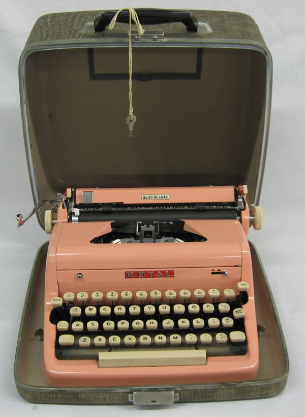 1950s Bubblegum Pink Royal Quiet One Typewriter: 1950s Bubblegum Pink Royal Quiet The One Typewriter, original case measures 13''W x 13''L x 6''H, comes with original key, in my opinion great condition, classic!