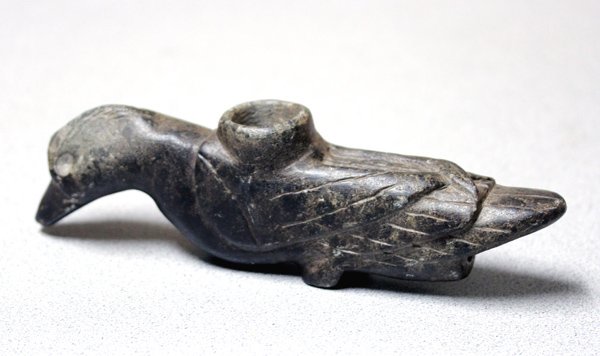 Prehistoric Mound Builder Bird Stone Pipe: Prehistoric Mound Builder Bird Stone Pipe, measures 9''L x 2.5''H x 1.5''W, great detail work, ''found along Tennessee River near Counce, Tenn. in 1910 by Shelby John Caraway''