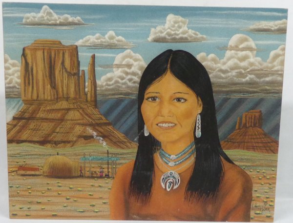 Sandpainting by Navajo Artist Little River Simpson: Phenomenal Original Sandpainting of Helen Thompson Navajo Silversmith at Monument Valley by Navajo Artist Little River Simpson. Subject is of Helen Thompson, Navajo silversmith. This large example of 