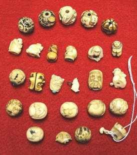 Fabulous Collection of Bone Ivory Beads: Fabulous Collection of Bone Ivory Beads, largest bead measures .75''D, 1 is articulated, #1 Pig #2 Two birds #3 Monkey #4 Two Foo Dogs #5 Koi Fish #6 Heron #7 Mouse inside Walnut #8 Fighting Samurai W