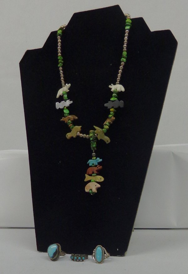 Navajo Fetish Necklace & Three Turquoise Rings: Navajo Fetish Necklace & Three Turquoise Rings. Bears, turtles, fish fetishes in green turquoise, jet, jasper, white shell, strung with small turquoise polished nuggets, silver beads with tag of maker