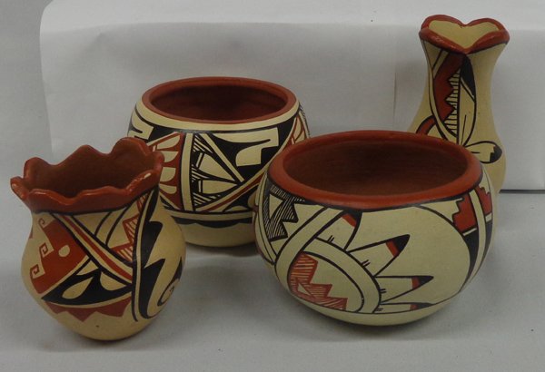 4 Jemez Polychrome Pottery Jars: 4 Jemez Polychrome Pottery Jars, largest bowl measures 3''H x 4.75'', #1 pulled spout vase by P. Toya, #2 bowl by R.N. Toya, #3 pulled spout jar by Lucy Toya, #4 bowl by Mary S. Toya, traditional Jeme