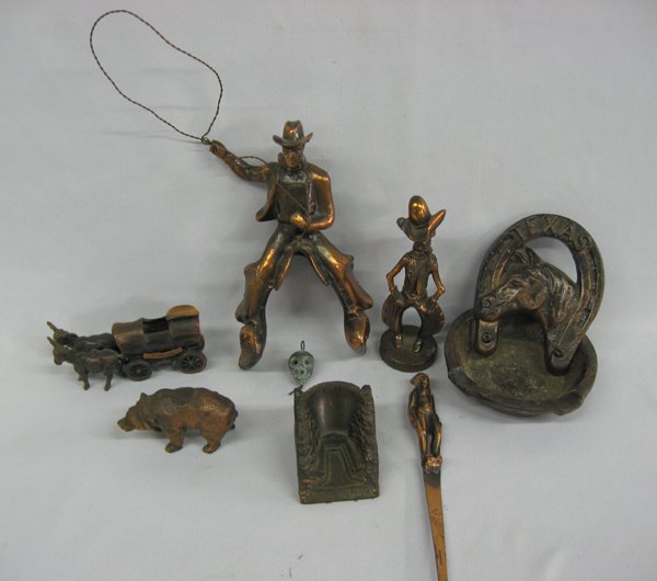 Western Travel Souvenirs & Copper Cowboy Figures: Western Travel Souvenirs & Copper Cowboy Figures. Collection includes a horseshoe ash tray from Texas, bear figure from Lassen Volcanic National Park California, Boulder Dam paper weight, cigarette tr