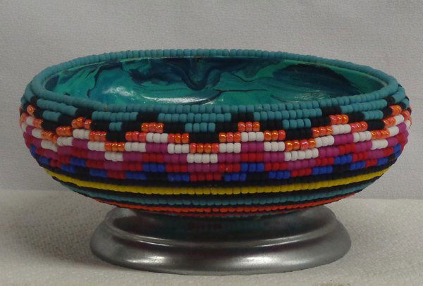 Beaded Lizard Bowl by Kills Thunder: Beaded Lizard Bowl by Kills Thunder. Noted artist, Kills Thunder, has faux painted the interior of this bowl to appear to be malachite, then included a little purple spotted lizard in the bottom. The