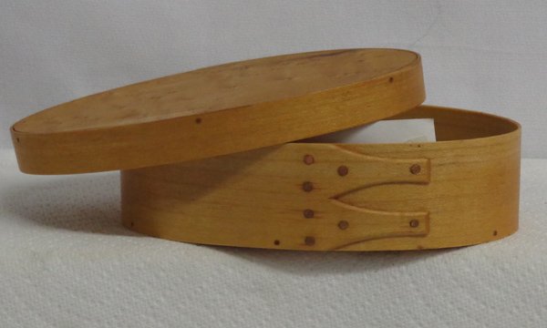 Shaker Style Button Box Birdseye Maple Lid Signed: Shaker Style Button Box, Birdseye Maple Lid, Signed. Sweet little reproduction Shaker button box, signed by the maker, Gordon Byrd. The top is now extinct bird's eye maple, the bands are maple and the