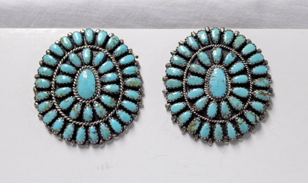 1970 Navajo Sterling Turquoise Earrings L M Begay: Estate 1970s Navajo Sterling Turquoise Cluster Earrings made by well known artist Larry Moses Begay, hallmarked LMB Navajo USA, Larry has been silversmithing since the 1970s, his pieces are sought aft