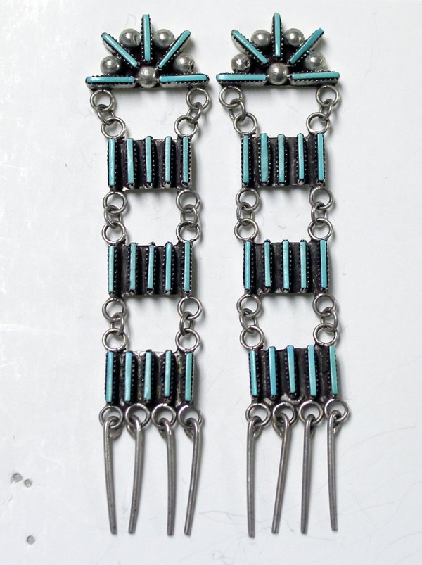 Zuni Sterling Turquoise Needlepoint Earrings: Stunning Estate Zuni Sterling Turquoise Needlepoint Chandelier Earrings, measure 2.75''L x 5/8''W, each earring features 20 needlepoint turquoise pieces and 5 silver bead accents, fabulous earrings, 9
