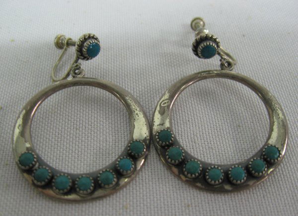 1950 Navajo Sterling Silver Turquoise Earrings: 1950 Estate Navajo Sterling Silver Natural Turquoise Screwback Earrings, measures 1.75''L x 1 1/8''W, each earring features 8 turquoise cabochons measuring 1/8''D, 9.73g in total wt.