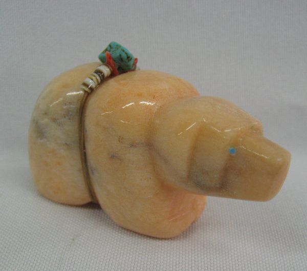 Zuni Orange Alabaster Bear Fetish by Ed Lementino: Zuni Orange Alabaster Bear Fetish by Ed Lementino, measures 1.25''H x 2.5''L x 7/8''W, hallmarked ED, turquoise-heishi-coral power pack, turquoise eyes, gorgeous color