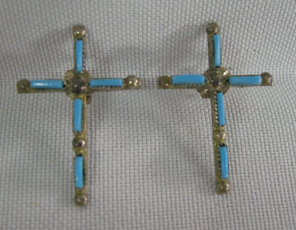 Zuni Sterling Needlepoint Turquoise Cross Earrings: Zuni Sterling Needlepoint Turquoise Cross Earrings, measure 1'' x .75''
