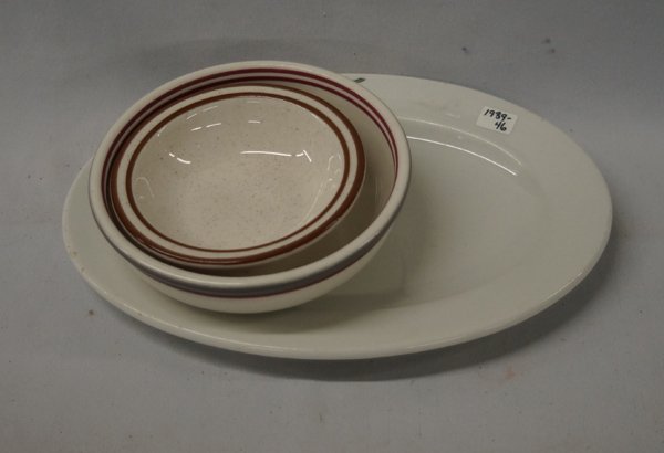 Fraternal Masonic Iroquois Plate + Syracuse China: Fraternal Masonic Iroquois Platter Syracuse China. Masonic emblem, Morocco, white chop plate measuring 10.5'' x 7.5''. Also Syracuse China cereal bowl and small fruit bowl.