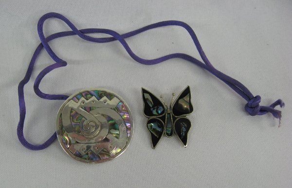 Mexican Silver Pin Pendant + Alpaca Butterfly Pin: Mexican Silver Pin Pendant & Alpaca Butterfly Pin, #1 Sterling Pin/Pendant stamped sterling on purple silk cord, measures 1 7/8''D with a weight of 11.9g #2 Alpaca Abalone Butterfly Pin measures 1 3/8