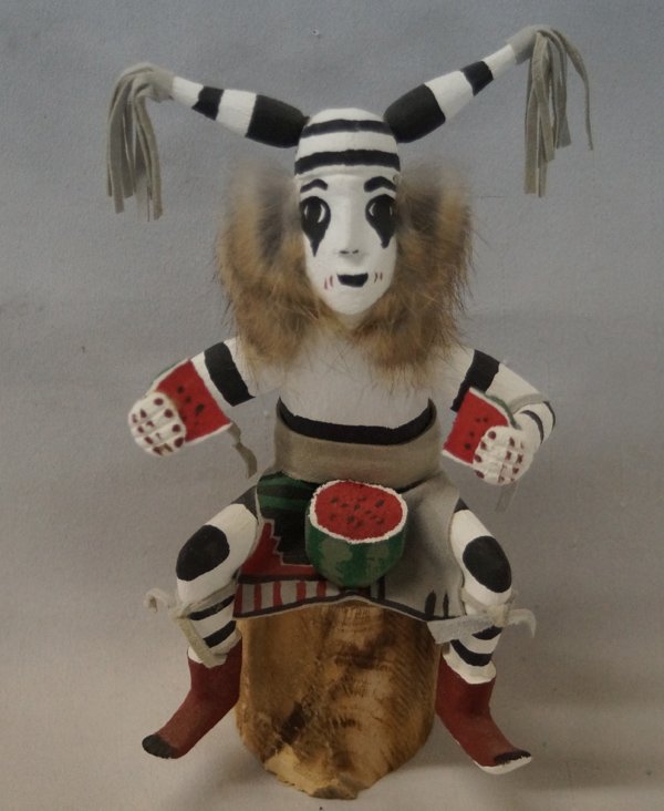 Navajo Koshare Hano Clown Kachina by Lony: From the Tucson, Arizona Collection. Navajo Koshare Hano Clown Kachina by Lony, measures 7.5''H x 4''W x 3''Deep, signed on bottom by artist, embellished with leather and rabbit fur
