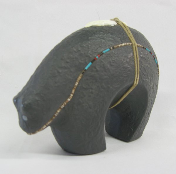 Zuni Pottery Inlay Beadwork Bear Fetish by Jobeth Maize: From the Tucson, Arizona Collection. Zuni Pottery Bear Fetish by Jobeth Maize, measures 8.75''L x 6.5''H x 3.75''W, signed on bottom by artist, features inlay beadwork, Artist Bio: Jobeth Maize is a r