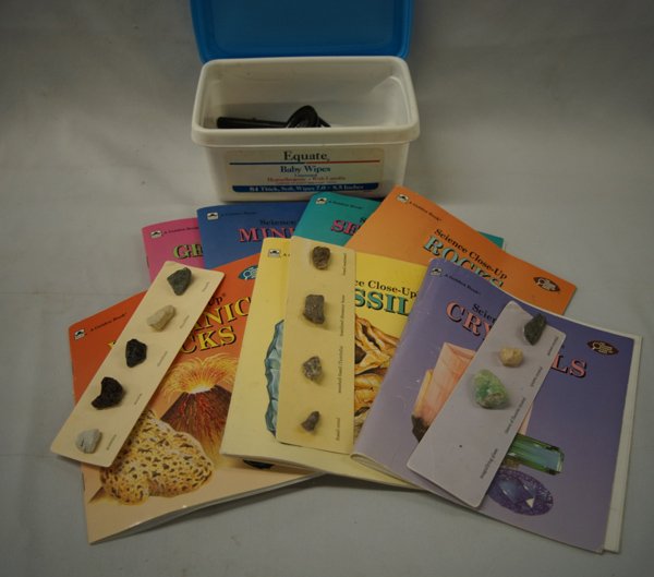 Collection of Golden Book Rock Mineral Shell Books: Collection of Golden Book Rock, Mineral, and Shell Books Plus Assorted Magnifying Glasses, #1 Science Close-Up of Rocks by Lin Bass, c. 1991 comes with specimen examples #2 Science Close-Up Seashells 