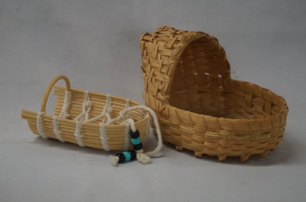 Pr Native American Childs Woven Toy Cradle Baskets: Native American Child's Woven Toy Cradle Baskets, #1 largest measures 4''H x 6''L x 4.25'' and is a Penobscot Basket Child's Toy Basinette. Sweet little toy basinette from the Penobscot tribe of Maine