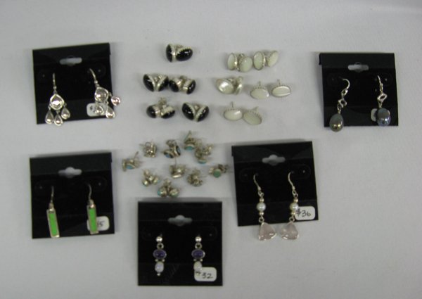 Earring Collection, Large Lot Sterling & Gemstone: Earring Collection, Large Lot Sterling & Gemstone. All sterling silver findings, post and fish hook styles. Gemstones include, Turquoise, Hemitite, Mother-of-Pearl, Jet, Amethyst & Opal, Moonstone & P