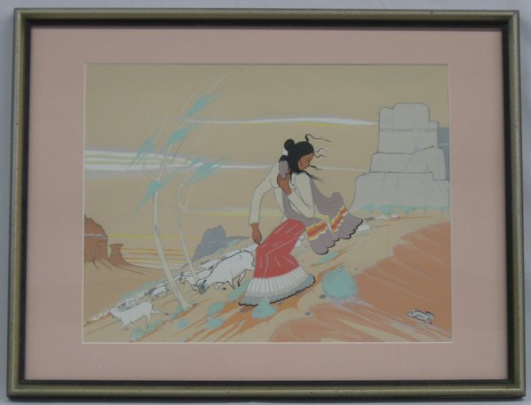 Navajo Serigraph by Robert Chee 1937-1971: From the Southwestern Americana Collection Scottsdale AZ we have a Navajo Serigraph by Robert Chee (Hashke-Yil-Cale) 1937-1971, measures 18''W x 14''H, framed and under glass, Artist Bio: Born in Zoch