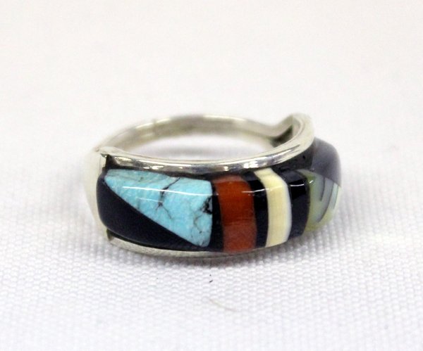Zuni Sterling Inlay Ring - Lena P. TSethlikia Sz 7: Zuni Sterling Inlay Ring by Lena P. Tsethlikia, size 7 adjustable, measures .25''W, stones included are jet, mother of pearl, abalone, coral, and turquoise