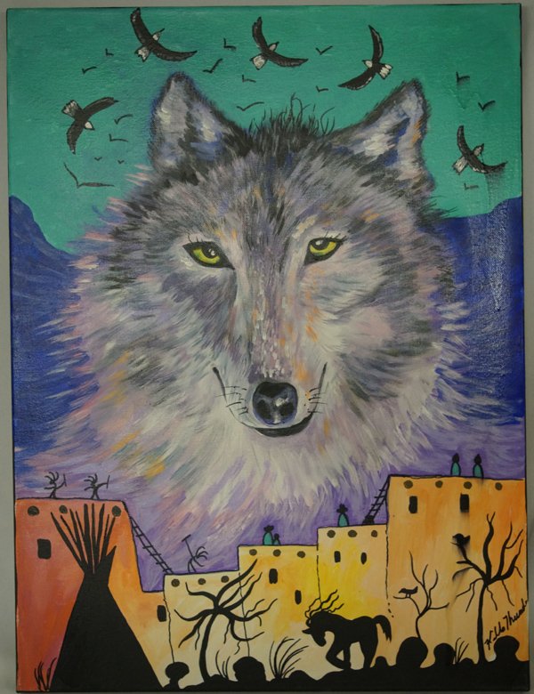 Original Acrylic ''Wolf Spirit'' by Kills Thunder: Original Acrylic ''Wolf Spirit'' by Kills Thunder. Original Painting by Kills Thunder. Signed by the artist this piece titled ''Wolf Spirit'' measures approx. 24''H x 18''W. Kathleen Kills Thunder was