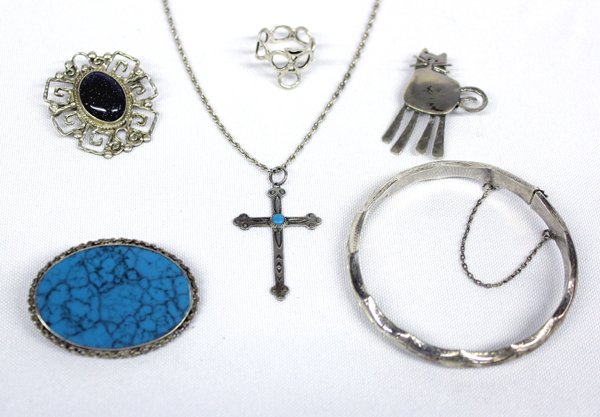 Collection of Sterling Silver Jewelry: Collection of Sterling Silver Jewelry, 30.4g in total wt., #1 Ring, size 5.5 #2 Mexican .925 Sterling Blue SunStone Pin Pendant, pin closure broken #3 Sterling .925 Bamboo Design Bangle Bracelet, larg