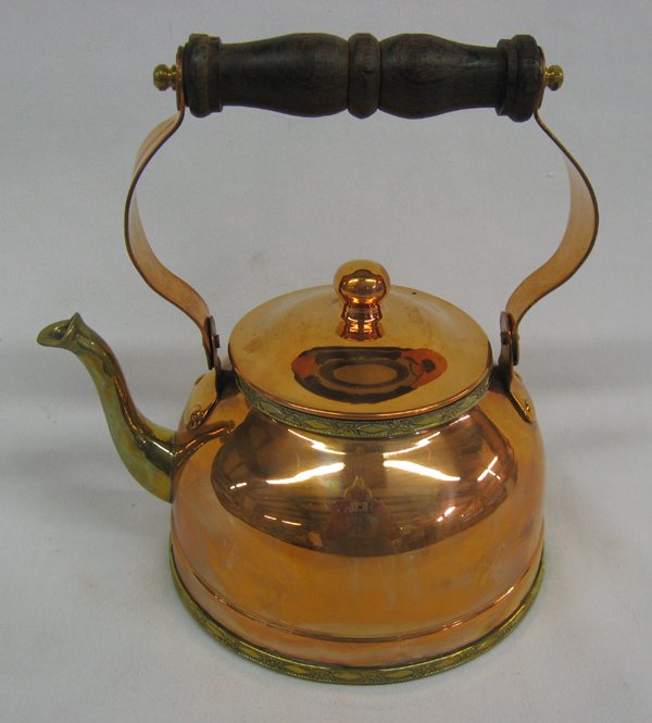 Heavy Mexican Copper Tea Kettle: Heavy Mexican Copper Tea Kettle, measures 8.5''H x 8.5''W (which includes spout) x 6.5''Deep, wooden handle, marked on bottom ORFE MEX MEXICO, 2 lbs. total wt., decorative brass piece around rim, exqu