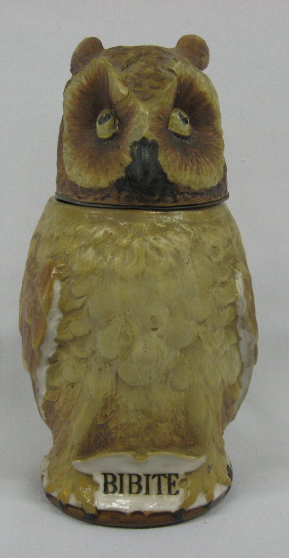 Mettlach Villeroy Boch German Owl Lidded Stein: Mettlach Villeroy & Boch German Owl Character Lidded Stein #2036, .5L, hallmarked on bottom, head has been glued, front is marked Bibite, measures 8''H x 4''W x 5.75''Deep