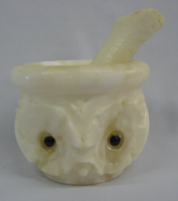 White Marble Owl Mortar and Pestle: White Marble Owl Mortar and Pestle, measures 5''D x 4''H, pestle is 5.5''L x 1.25''W, glass eyes, 3 lbs. in wt.