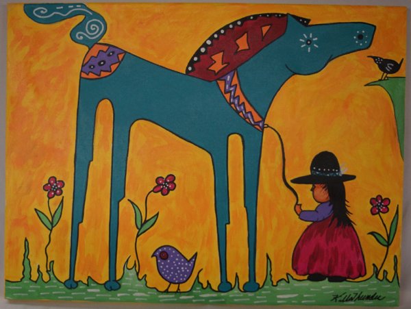 Original Acrylic ''My Blue Pony'' by Kills Thunder: Original Acrylic ''My Blue Pony'' by Kills Thunder. Measures 18x24. Original Painting by Kills Thunder. Signed by the artist this piece titled ''My Blue Pony'' measures approx. 24''H x 18''W. Kathleen