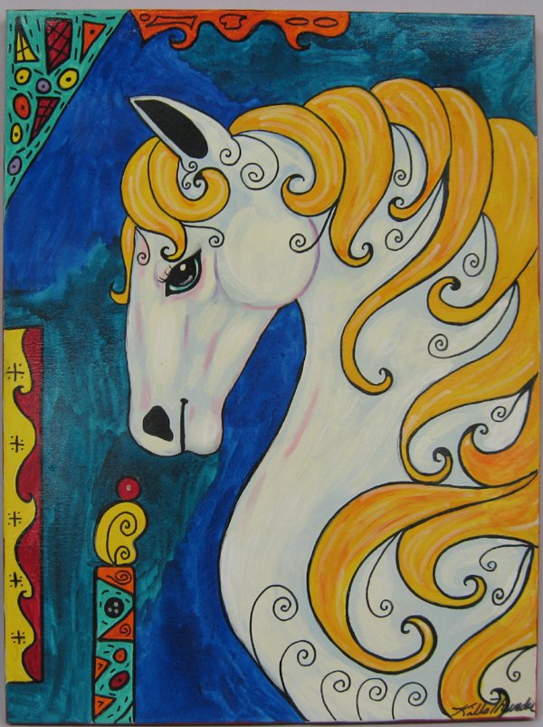 Original Acrylic Royal Horse by Kills Thunder: Original Acrylic Painting ''Royal Horse'' by Kills Thunder, measures 24'' x 18'', signed in lower left corner by artist, piece is also dated (July 14, 2014) titled, and signed on the back, Artist Bio: