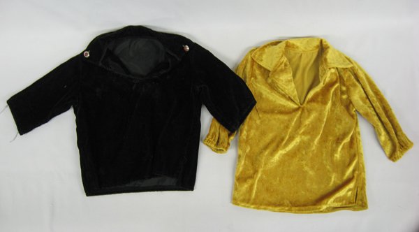 Pr Original Navajo Children's Velvet Shirts: Pr Original Navajo Children's Velvet Shirts, size 3 or 4, gold and black crushed velvet, the black velvet has two sterling silver and coral charms sewn onto the collar tips, traditional dress of the N