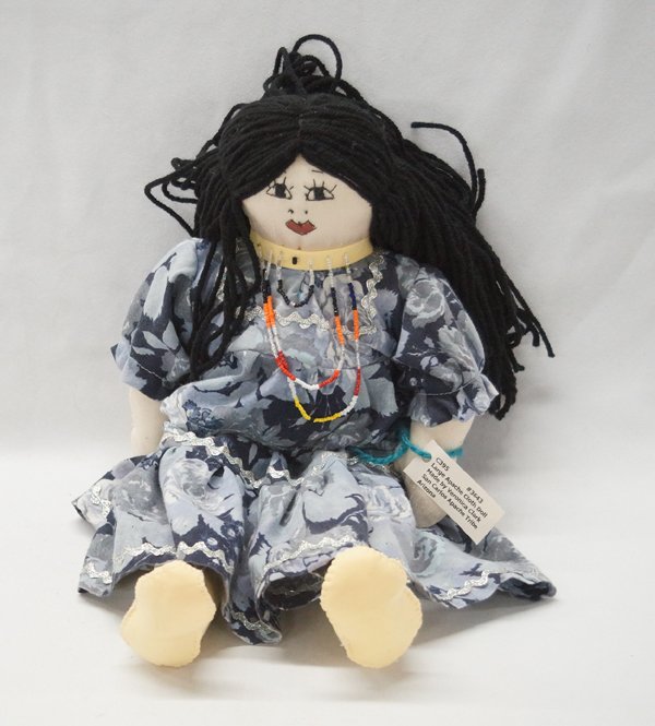 San Carlos Apache Doll by Veronica Clark: San Carlos Apache Cloth Doll by Veronica Clark, authentic Apache dress, measures 16.5''L, yarn hair, hand sewn face, beaded necklace, comes with provenance tag