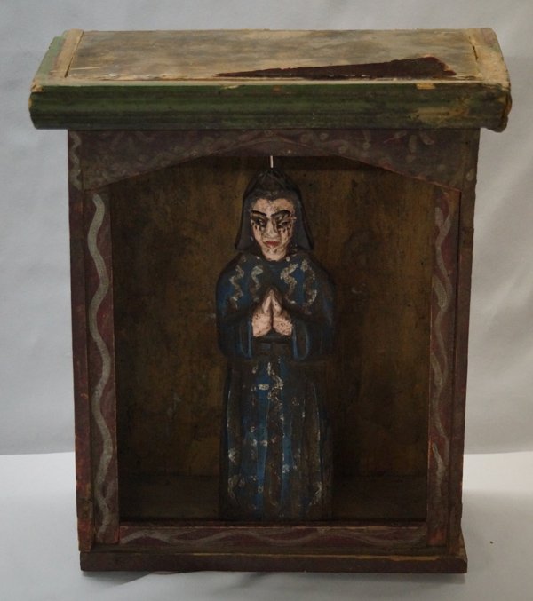 Antique Mexican Nicho and Santo: Antique Mexican Nicho and Santo. Nicho is 13.5'' high X 10'' wide X 5'' deep and has a broken bonnet. Santo is 10'' high.