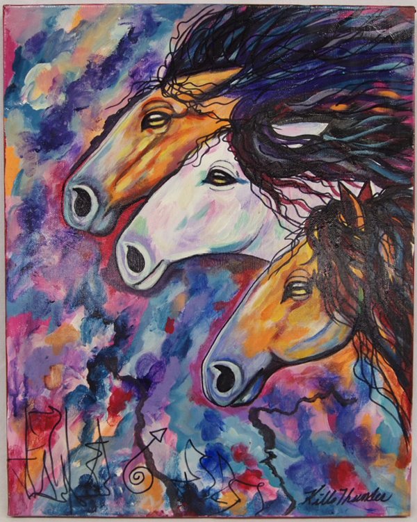 Original Acrylic Painting Fire by Kills Thunder: Original Fire Spirits by Kills Thunder, measures 20'' x 16'', Artist Bio: Kathleen Kills Thunder was born in Seattle, Washington. Kathy has been painting and beading since she was six. She uses bright