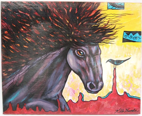 Original Acrylic Fire King by Kills Thunder: October 16, 2014 Original Acrylic Fire King by Kills Thunder, measures 20'' x 16'', Artist Bio: Kathleen Kills Thunder was born in Seattle, Washington. Kathy has been painting and beading since she wa