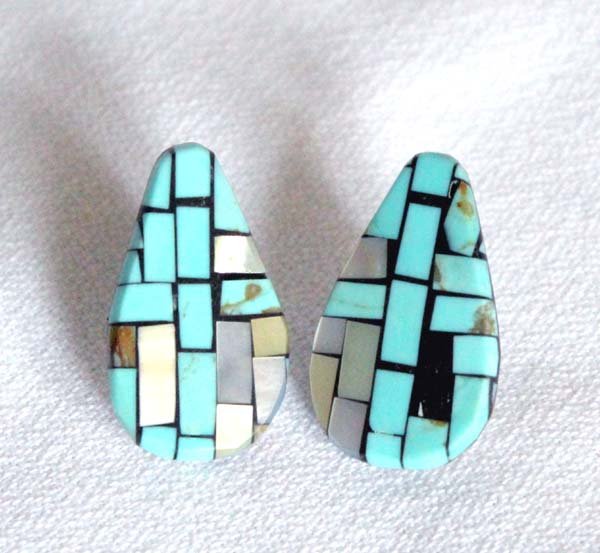 Santo Domingo Shell Mosaic Inlay Earrings - Reano: Santo Domingo Shell Mosaic Inlay Earrings by the Reano Family of Santo Domingo Pueblo (Kewa), measure 1'' x .5'', gorgeous stone to stone inlay of turquoise, jet, mother of pearl, abalone, and yellow