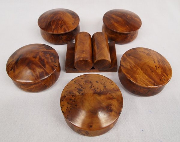 Exotic Carved Wood Trinket Boxes + Card Holder: Exotic Carved Wood Trinket Boxes + Card Holder, largest measures 1.5'' x 3.5'', includes 5 lidded boxes, 1 card holder, and two wood cylinders