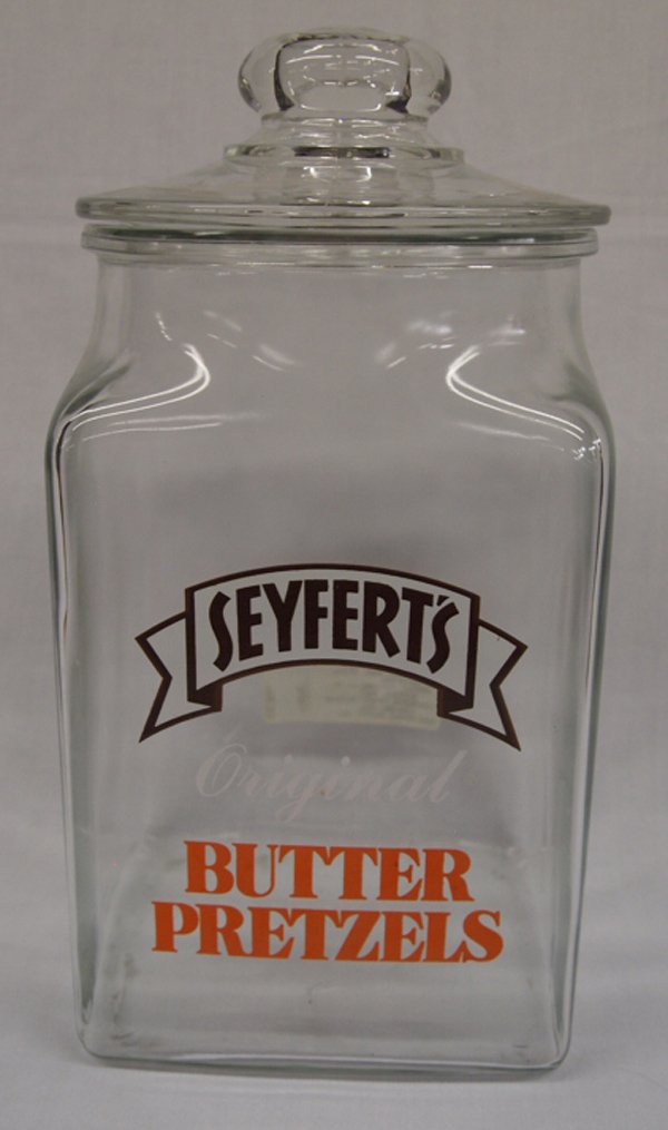 Vintage Seyfert's Original Butter Pretzels Jar: Vintage Seyfert's Original Butter Pretzels Lidded Jar, measures 13''H x 6'' square base, few nips inside rim, has paper label on back