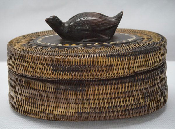 Indonesian Carved Woven Bird Lidded Basket: From the Tucson, Arizona Collection. Indonesian Carved Woven Tricolored Bird Basket, measures 6.5''L x 5''W x 4''H, beautifully carved wooden bird on top accented with inlay of triangular abalone piec