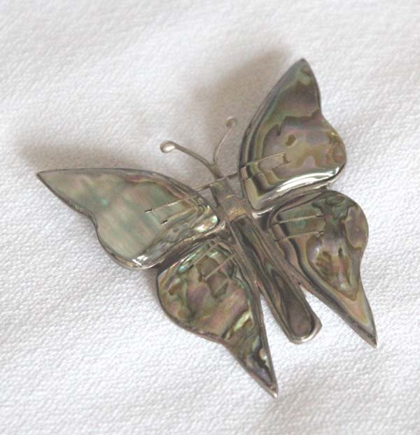 Vintage Mexican Silver Abalone Butterfly Pin: From the Tucson, Arizona Collection. Sterling Silver and Abalone Butterfly Pin, measures 1.75''L x 1.75''W, abalone wings, thorax, and abdomen, marked Mexico .925