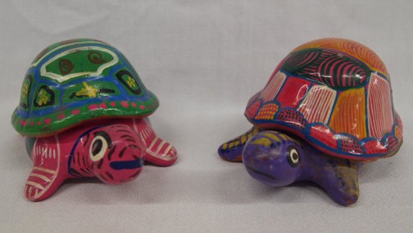 Pr Mexican Hand Painted Pottery Turtle Boxes: Pr Mexican Hand Painted Pottery Turtle Lidded Trinket Boxes, measure 4.25''L x 2.25''H x 3''Deep, the shell of each turtle lifts off to reveal box area, vibrantly painted