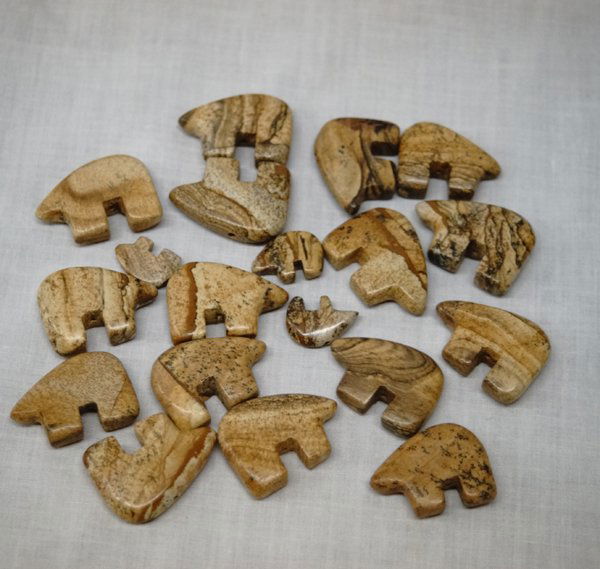 Collection of Zuni Hand Carved Jasper Bear Beads: Collection of Zuni Hand Carved Jasper Bear Beads, drilled as beads from top to belly, includes 16 large and 3 small with the largest measuring 1.25''L x 7/8''H x .25''W, Gorgeous Jasper Stones!