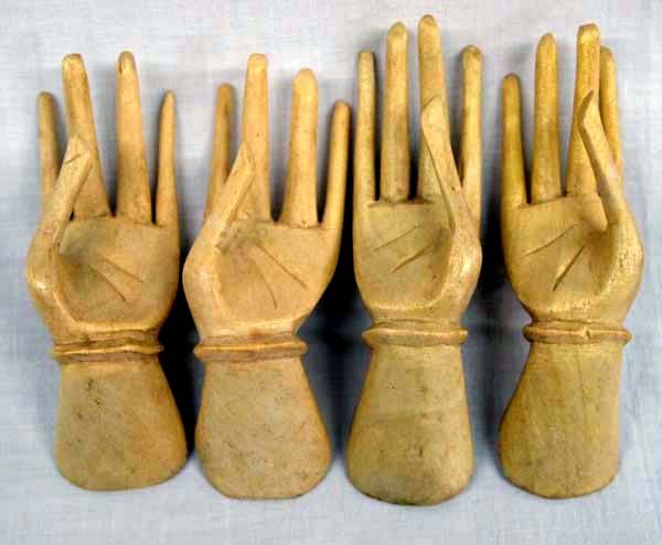 Carved Satinwood Hands, 4 Pieces: Carved Satinwood Hands, 4 Pieces. From Indonesia, measuring 4'', free standing and can be used as place card holders, jewelry display or ring holders.