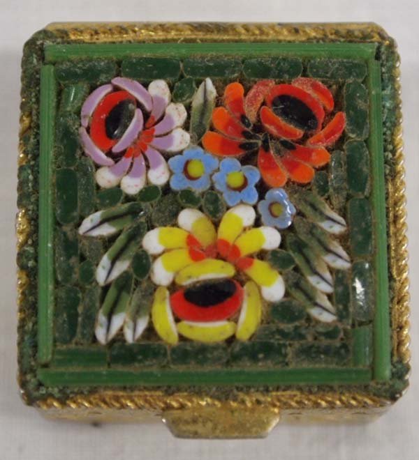 Italian Micro Mosaic Pill Box: Italian Micro Mosaic Pill Box. Floral design on lid, measures 1'' x 1''.