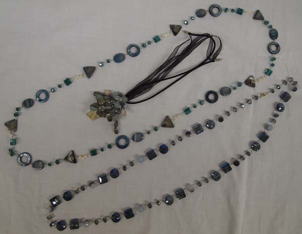 Three Fashion Necklaces: Three Fashion Necklaces. Longest measures 40'', rope style with alternating faceted emerald crystals, abalone with baroque style pearls. The second necklace measures 36'' and has alternating faceted b