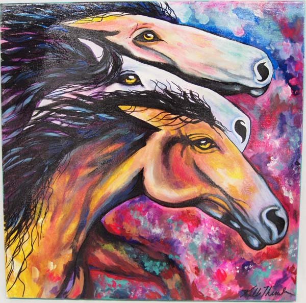 Original Painting by Kills Thunder: Original Painting by Kills Thunder titled ''Running Steads'' measures approx. 20'' x 20''. Artist Bio: Kathleen Kills Thunder was born in Seattle, Washington. Kathy has been painting and beading since