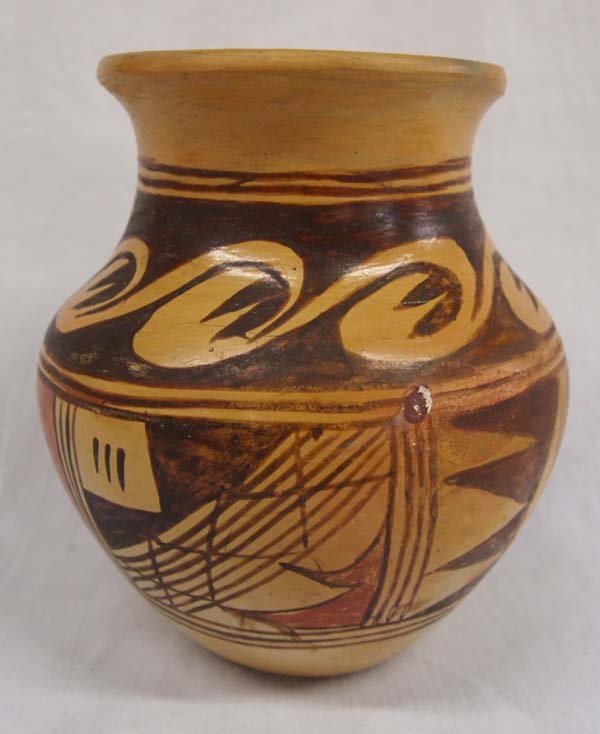 Hopi Polychrome Bear Paw Jar - Shupla 1930-1980: Older Native Amrican Vintage Hopi Polychrome Wind Pattern Jar by Irene Shupla. Measures 6''H x 6'' W. Bowl has Bear Claw Pattern on upper half of Bowl with Stylized Bird Wing Pattern on Lower portion