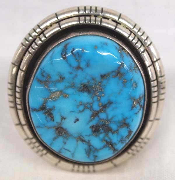 Navajo Sterling Turquoise Ring by Johnson, Sz 7.5: Navajo Sterling Kingman Turquoise Ring by William G. Johnson, Size 7.5, measures 1.25''L x 1.25''W, hallmarked W.G. Johnson and stamped sterling, 20.52g in total wt.